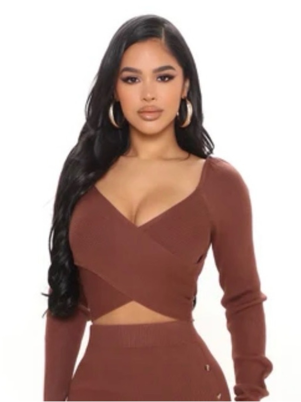 Fashion Nova Brown Cross-Front Long Sleeve Crop Top